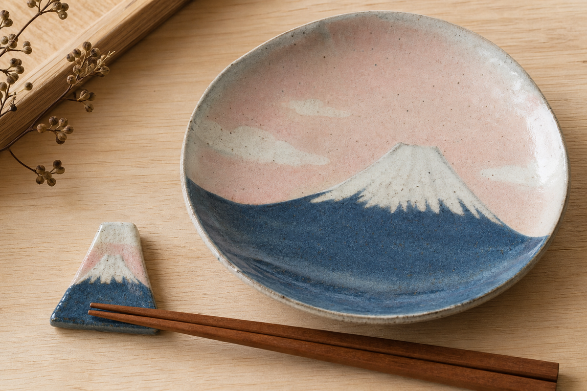 富士山文様の皿と箸置きのイメージ